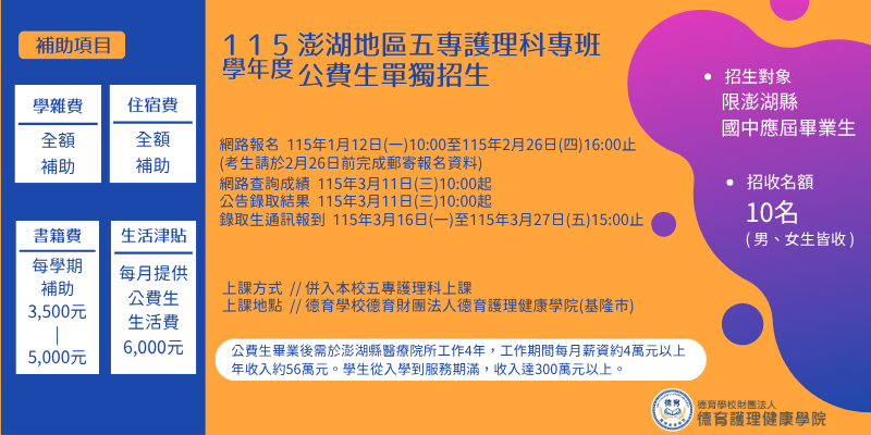 115學年度澎湖地區五專護理科專班(公費生)單獨招生