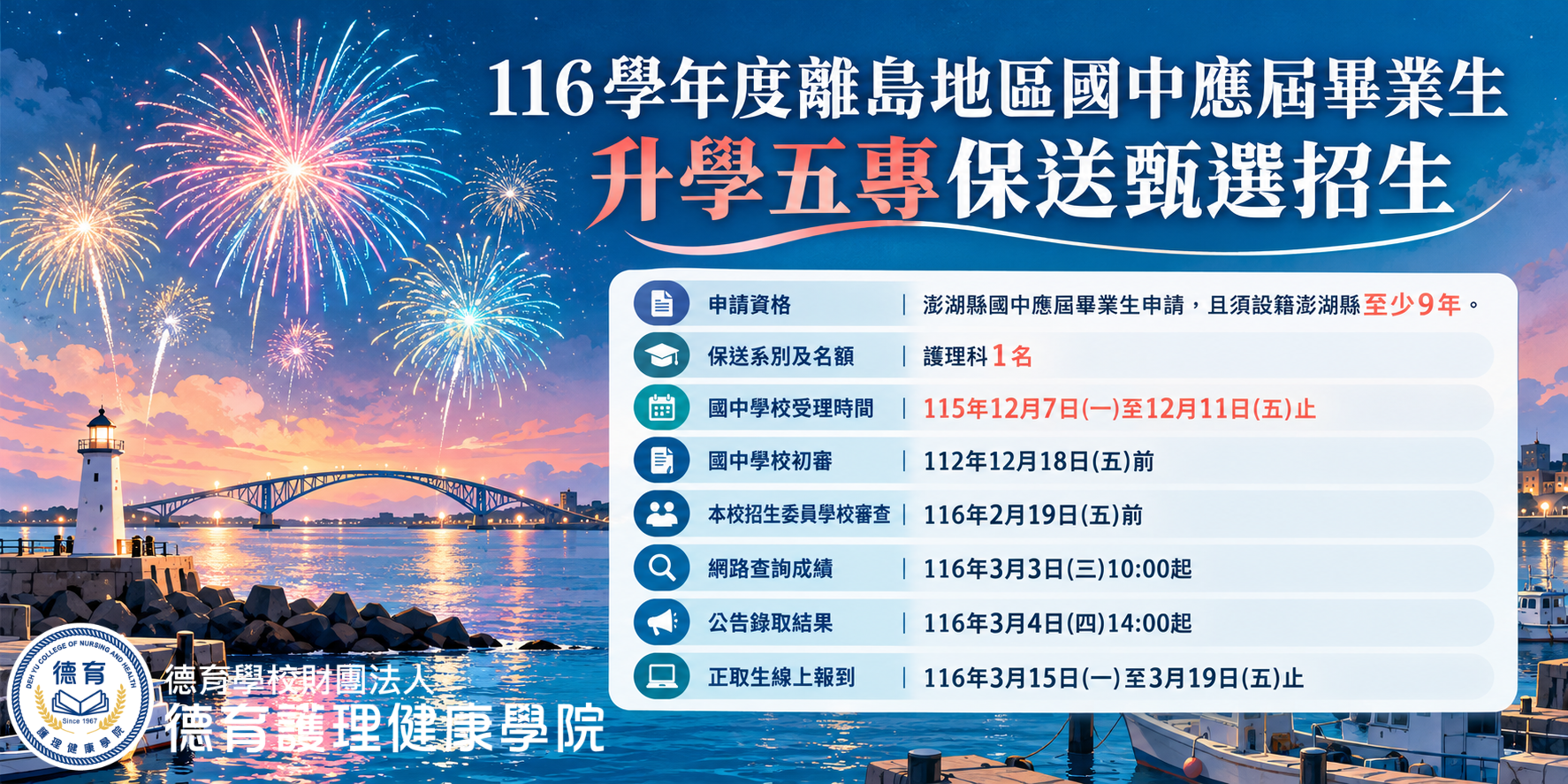 116學年度離島地區國中應屆畢業生升學五專保送甄選