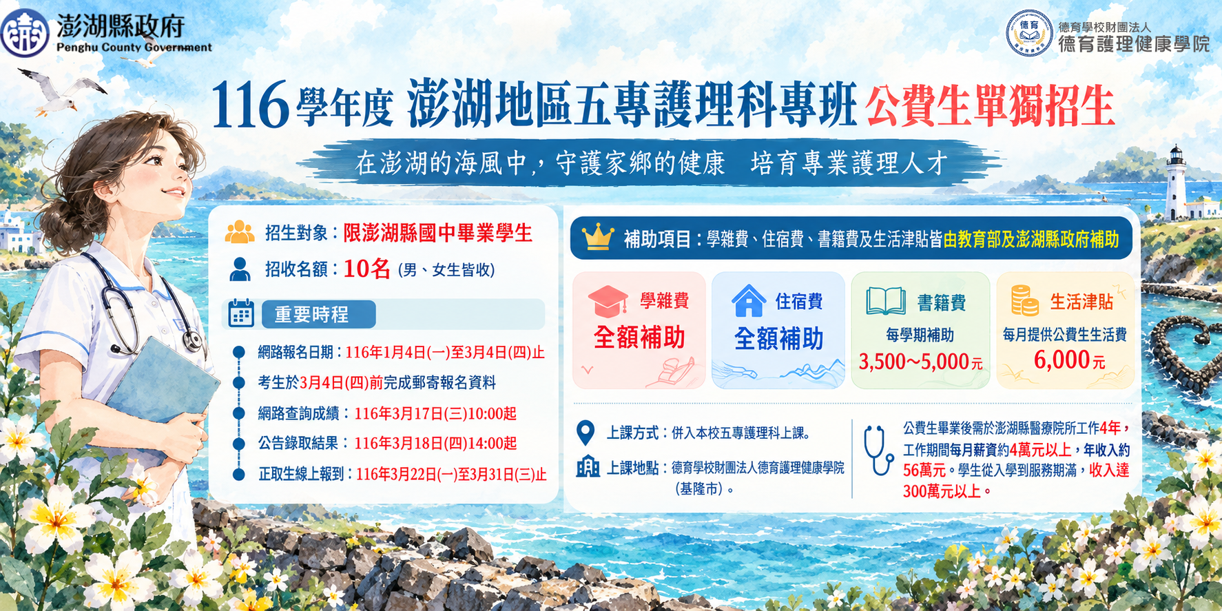 116學年度澎湖地區五專護理科專班公費生單獨招生